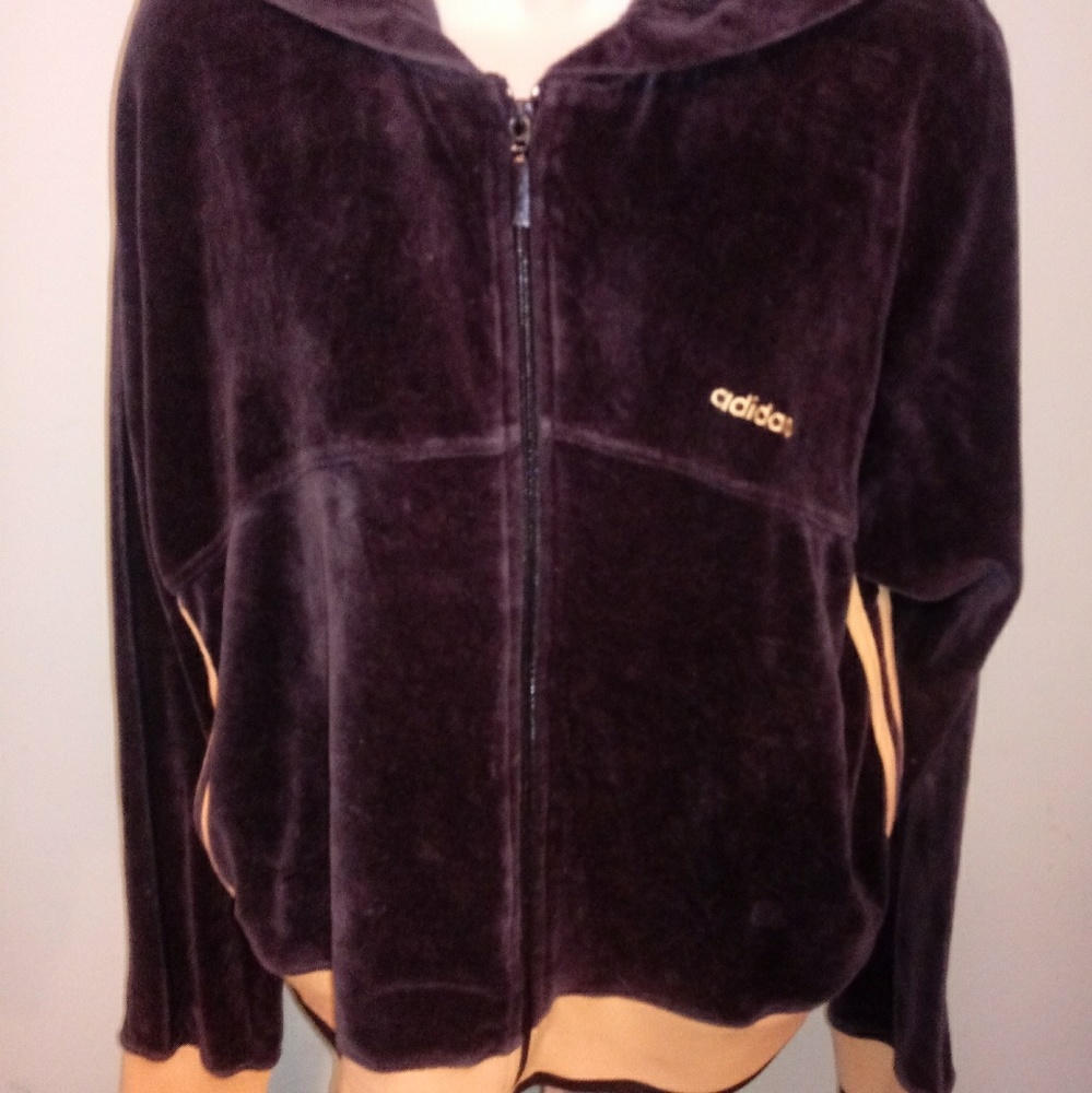 ADIDAS Hoodie Jacket Full Zip Up Sz XL Brown Velvet